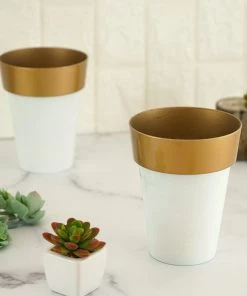 HIER_1733 2 Pack | 6" White/Gold Rimmed Flower Plant Pots, Indoor/Garden Decorative Planter Chargers & Centerpieces