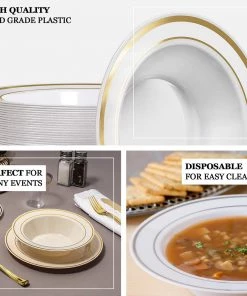 HIER_5420 Disposable Dinnerware 10 Pack 12oz White Plastic Bowls, Disposable Bowl Round With Gold Rim 10 HIER_5420 Disposable Dinnerware 10 Pack 12oz White Plastic Bowls, Disposable Bowl Round With Gold Rim
