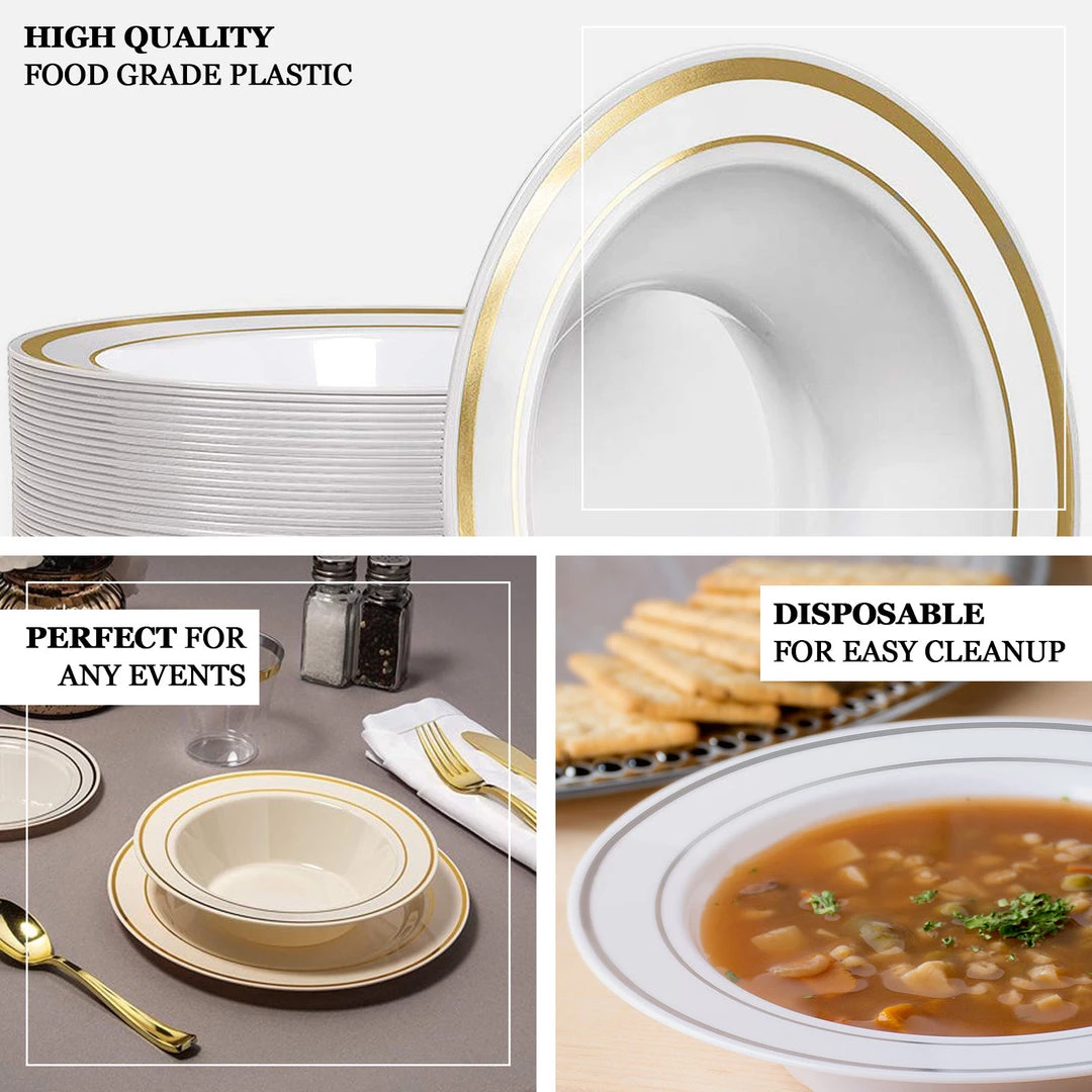 HIER_5420 Disposable Dinnerware 10 Pack 12oz White Plastic Bowls, Disposable Bowl Round With Gold Rim 4 HIER_5420 Disposable Dinnerware 10 Pack 12oz White Plastic Bowls, Disposable Bowl Round With Gold Rim