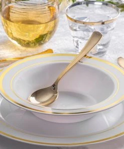 HIER_5420 Disposable Dinnerware 10 Pack 12oz White Plastic Bowls, Disposable Bowl Round With Gold Rim