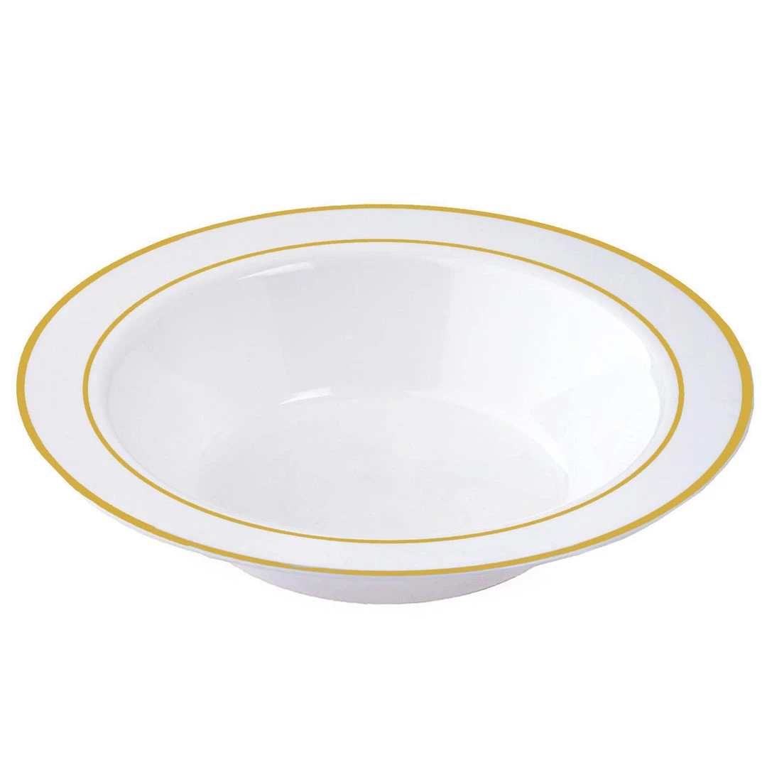 HIER_5420 Disposable Dinnerware 10 Pack 12oz White Plastic Bowls, Disposable Bowl Round With Gold Rim 7 HIER_5420 Disposable Dinnerware 10 Pack 12oz White Plastic Bowls, Disposable Bowl Round With Gold Rim