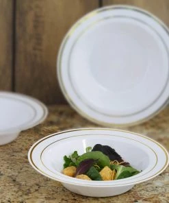 HIER_5420 Disposable Dinnerware 10 Pack 12oz White Plastic Bowls, Disposable Bowl Round With Gold Rim