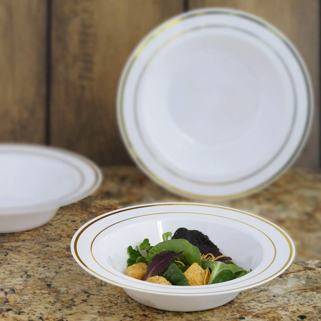 HIER_5420 Disposable Dinnerware 10 Pack 12oz White Plastic Bowls, Disposable Bowl Round With Gold Rim 2 HIER_5420 Disposable Dinnerware 10 Pack 12oz White Plastic Bowls, Disposable Bowl Round With Gold Rim