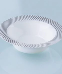 HIER_5420 Disposable Dinnerware 10 Pack 6oz White Plastic Bowls, Disposable Bowl Round With Silver Swirl Rim