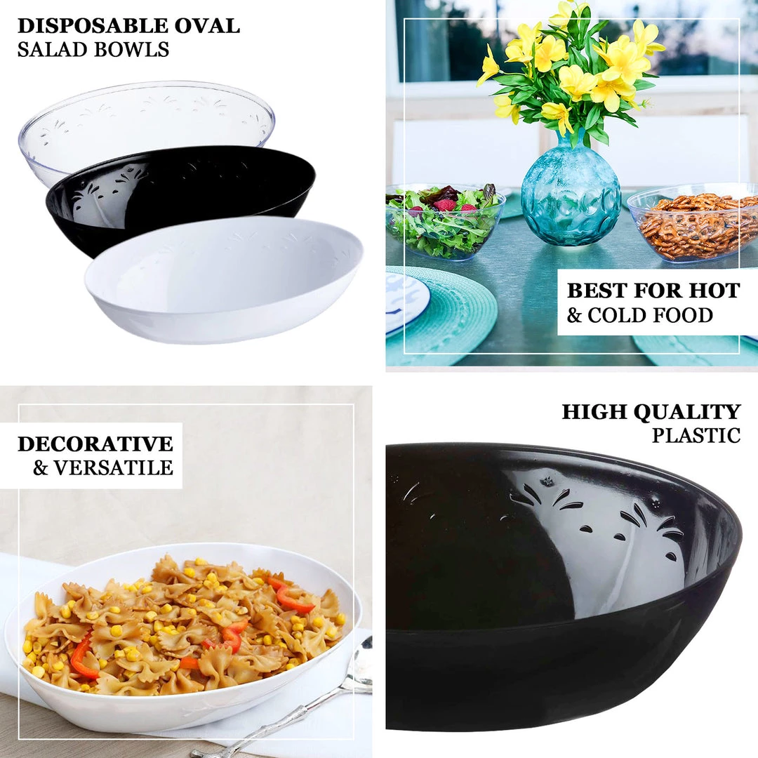 HIER_5420 Disposable Dinnerware 4 Pack 64oz Black Large Plastic Salad Bowls, Disposable Serving Dishes - Oval 4 HIER_5420 Disposable Dinnerware 4 Pack 64oz Black Large Plastic Salad Bowls, Disposable Serving Dishes - Oval