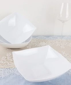 HIER_5420 4 Pack 32oz White Square Plastic Salad Bowls, Disposable Serving Dishes