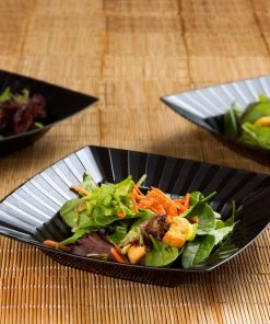 HIER_5420 10 Pack 32oz Black Square Plastic Salad Bowls, Disposable Serving Dishes With Column Edges Disposable Dinnerware