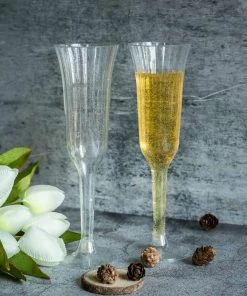 HIER_5430 12 Pack 6oz Plastic Champagne Flutes, Disposable Glasses | Silver Glitter Sprinkled | Flared Design | Detachable Base Disposable Dinnerware
