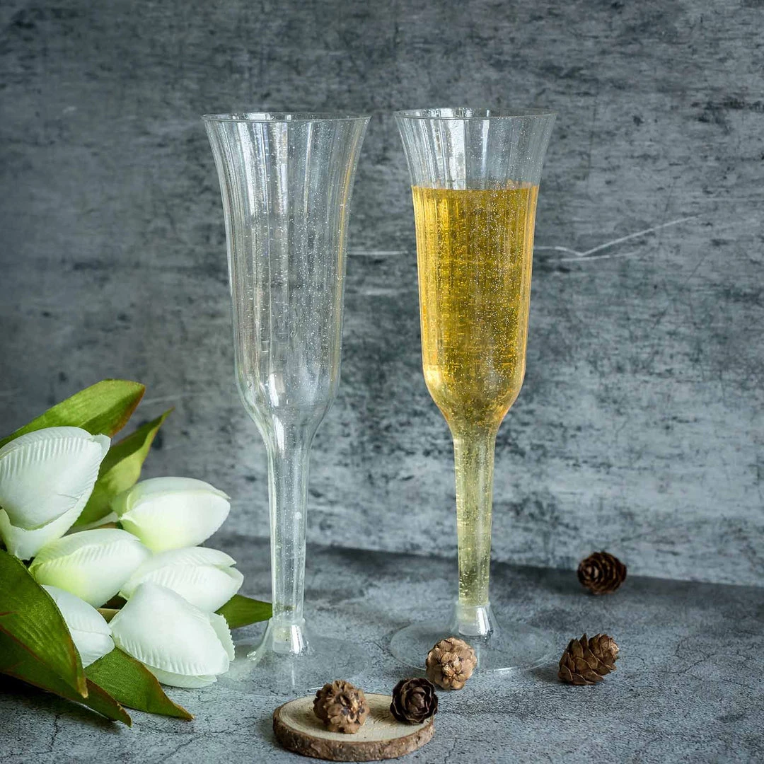 HIER_5430 12 Pack 6oz Plastic Champagne Flutes, Disposable Glasses | Silver Glitter Sprinkled | Flared Design | Detachable Base Disposable Dinnerware 1 HIER_5430 12 Pack 6oz Plastic Champagne Flutes, Disposable Glasses | Silver Glitter Sprinkled | Flared Design | Detachable Base Disposable Dinnerware
