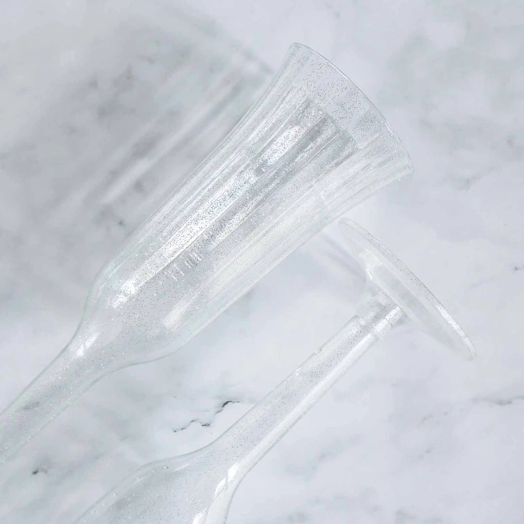 HIER_5430 12 Pack 6oz Plastic Champagne Flutes, Disposable Glasses | Silver Glitter Sprinkled | Flared Design | Detachable Base Disposable Dinnerware 6 HIER_5430 12 Pack 6oz Plastic Champagne Flutes, Disposable Glasses | Silver Glitter Sprinkled | Flared Design | Detachable Base Disposable Dinnerware