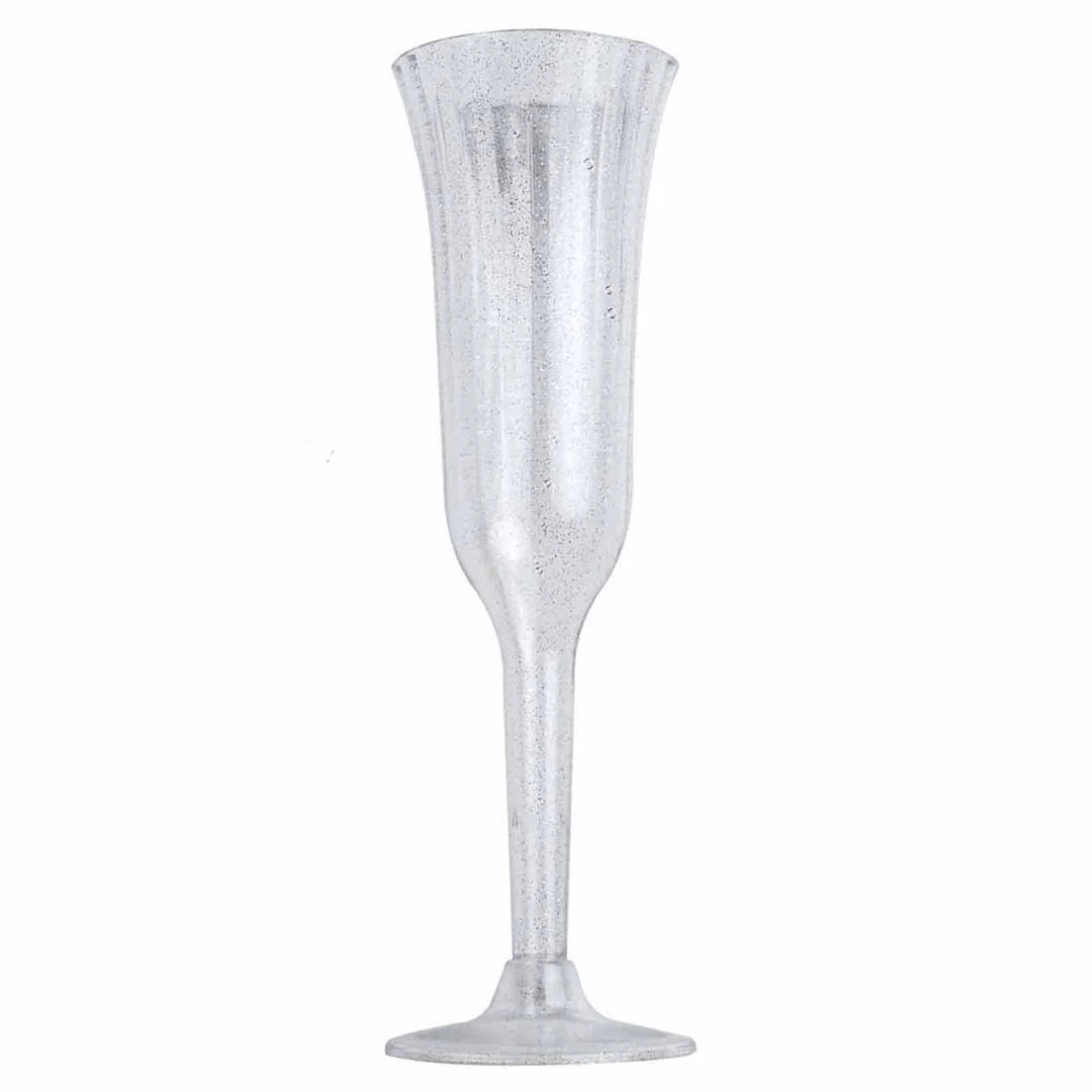 HIER_5430 12 Pack 6oz Plastic Champagne Flutes, Disposable Glasses | Silver Glitter Sprinkled | Flared Design | Detachable Base Disposable Dinnerware 8 HIER_5430 12 Pack 6oz Plastic Champagne Flutes, Disposable Glasses | Silver Glitter Sprinkled | Flared Design | Detachable Base Disposable Dinnerware