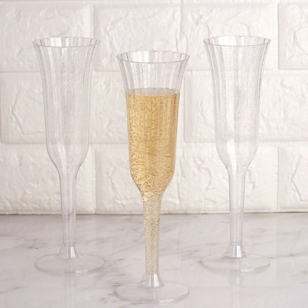HIER_5430 12 Pack 6oz Plastic Champagne Flutes, Disposable Glasses | Silver Glitter Sprinkled | Flared Design | Detachable Base Disposable Dinnerware 2 HIER_5430 12 Pack 6oz Plastic Champagne Flutes, Disposable Glasses | Silver Glitter Sprinkled | Flared Design | Detachable Base Disposable Dinnerware