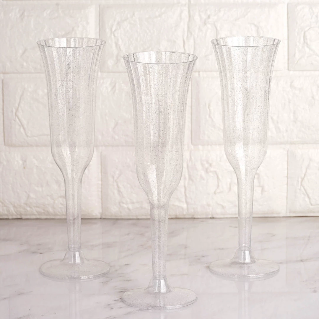 HIER_5430 12 Pack 6oz Plastic Champagne Flutes, Disposable Glasses | Silver Glitter Sprinkled | Flared Design | Detachable Base Disposable Dinnerware 7 HIER_5430 12 Pack 6oz Plastic Champagne Flutes, Disposable Glasses | Silver Glitter Sprinkled | Flared Design | Detachable Base Disposable Dinnerware