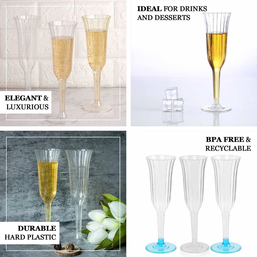 HIER_5430 12 Pack 6oz Plastic Champagne Flutes, Disposable Glasses | Gold Glitter Sprinkled | Flared Design | Detachable Base Disposable Dinnerware 4 HIER_5430 12 Pack 6oz Plastic Champagne Flutes, Disposable Glasses | Gold Glitter Sprinkled | Flared Design | Detachable Base Disposable Dinnerware