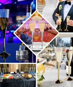 HIER_5430 6 Pack 5oz Gold Plastic Champagne Flutes, Disposable Glasses, Colored Detachable Base Disposable Dinnerware