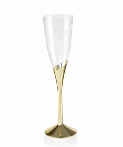 HIER_5430 6 Pack 5oz Gold Plastic Champagne Flutes, Disposable Glasses, Colored Detachable Base Disposable Dinnerware