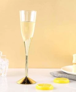 HIER_5430 6 Pack 5oz Gold Plastic Champagne Flutes, Disposable Glasses, Colored Detachable Base Disposable Dinnerware