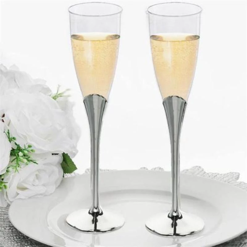 HIER_5430 6 Pack 5oz Silver Plastic Champagne Flutes, Disposable Glasses, Colored Detachable Base Disposable Dinnerware 8 HIER_5430 6 Pack 5oz Silver Plastic Champagne Flutes, Disposable Glasses, Colored Detachable Base Disposable Dinnerware