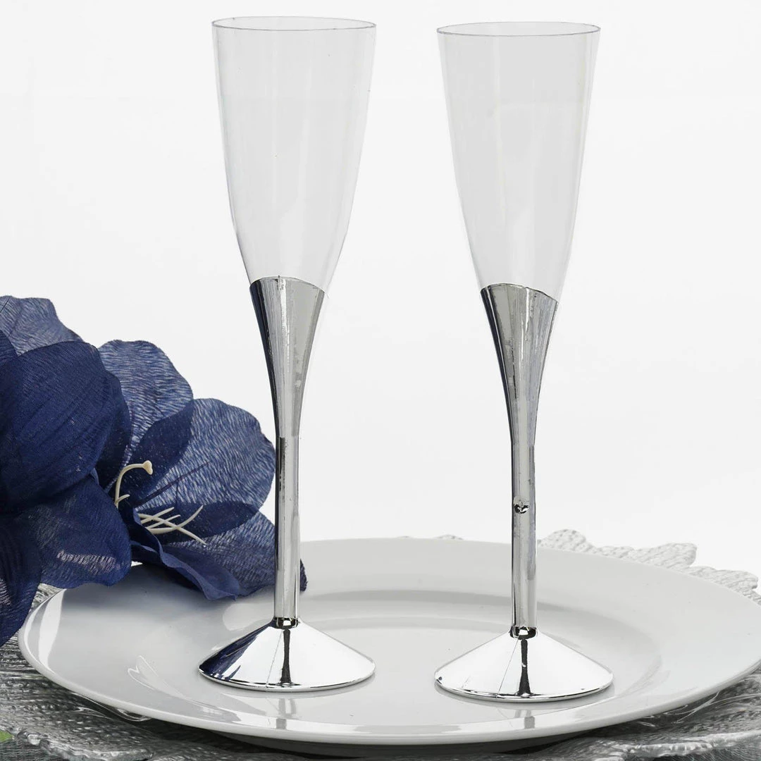 HIER_5430 6 Pack 5oz Silver Plastic Champagne Flutes, Disposable Glasses, Colored Detachable Base Disposable Dinnerware 7 HIER_5430 6 Pack 5oz Silver Plastic Champagne Flutes, Disposable Glasses, Colored Detachable Base Disposable Dinnerware