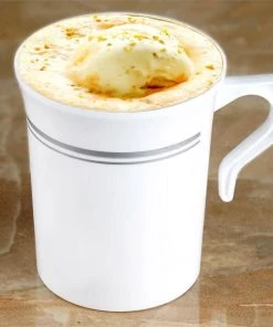 HIER_5430 8 Pack 8oz White With Silver Rim Plastic Coffee Cups, Disposable Coffee Mug