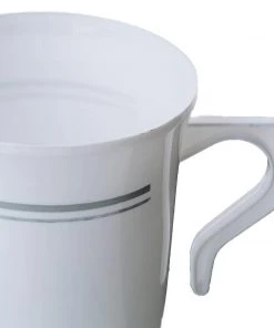 HIER_5430 8 Pack 8oz White With Silver Rim Plastic Coffee Cups, Disposable Coffee Mug