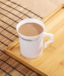 HIER_5430 8 Pack 8oz White With Silver Rim Plastic Coffee Cups, Disposable Coffee Mug