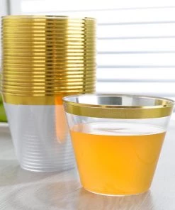 HIER_5430 25 Pack Gold 9oz Crystal Collection Plastic Tumblers Disposable Cups Disposable Dinnerware