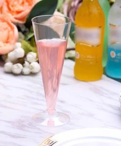 HIER_5430 12 Pack 7oz Clear Plastic Disposable Champagne Flute Glasses, Trumpet Design | Detachable Base Disposable Dinnerware