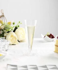 HIER_5430 12 Pack 7oz Clear Plastic Disposable Champagne Flute Glasses, Trumpet Design | Detachable Base Disposable Dinnerware
