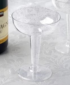 HIER_5430 Disposable Dinnerware 12 Pack 3oz Silver Glittered Plastic Cocktail Glasses, Disposable Cups - Coupe Style, Clear