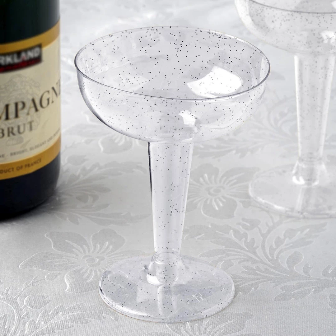 HIER_5430 Disposable Dinnerware 12 Pack 3oz Silver Glittered Plastic Cocktail Glasses, Disposable Cups - Coupe Style, Clear 1 HIER_5430 Disposable Dinnerware 12 Pack 3oz Silver Glittered Plastic Cocktail Glasses, Disposable Cups - Coupe Style, Clear
