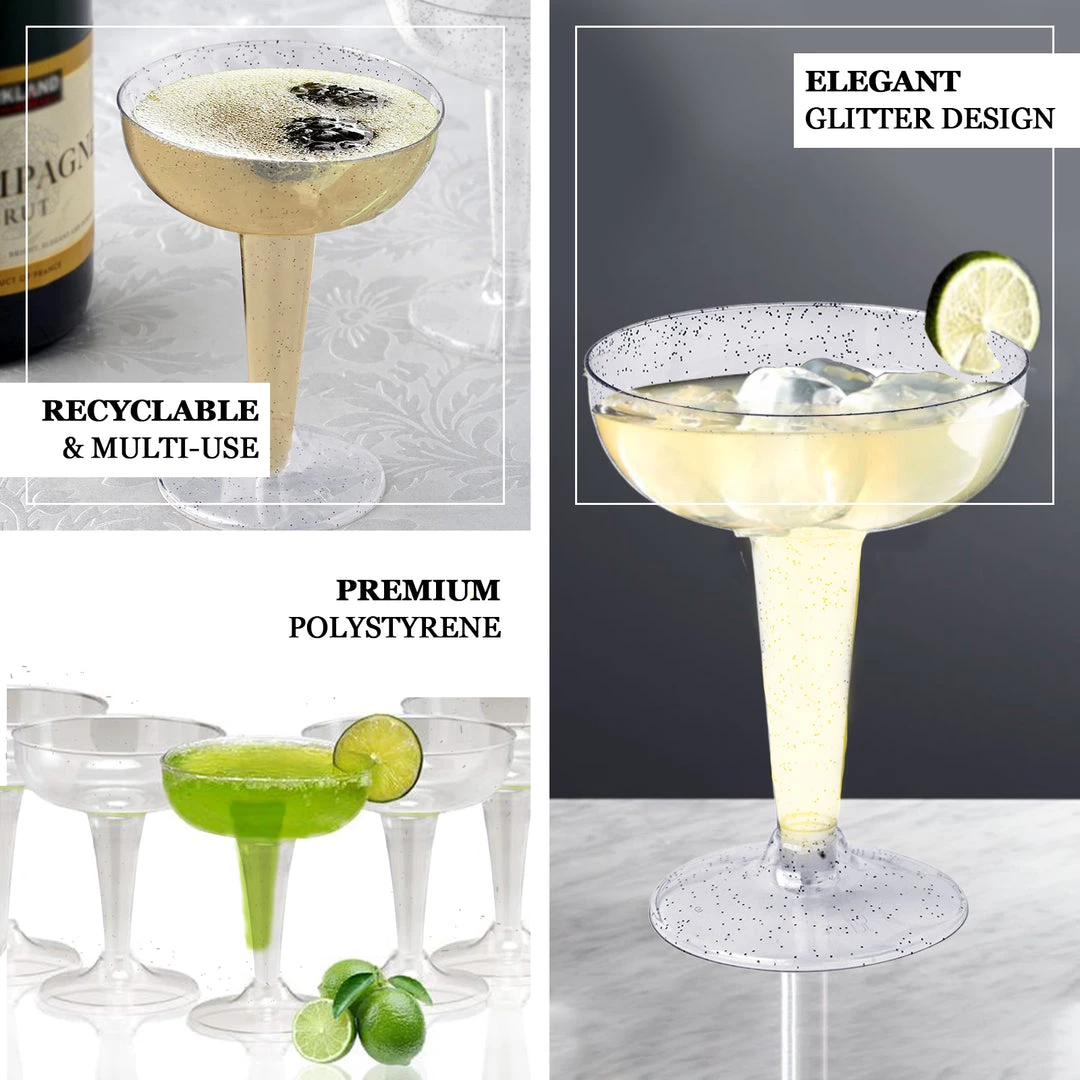 HIER_5430 Disposable Dinnerware 12 Pack 3oz Silver Glittered Plastic Cocktail Glasses, Disposable Cups - Coupe Style, Clear 4 HIER_5430 Disposable Dinnerware 12 Pack 3oz Silver Glittered Plastic Cocktail Glasses, Disposable Cups - Coupe Style, Clear