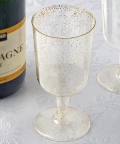 HIER_5430 12 Pack 7oz Glittered Plastic Disposable Short Stem Wine Glasses Cups - Gold Disposable Dinnerware