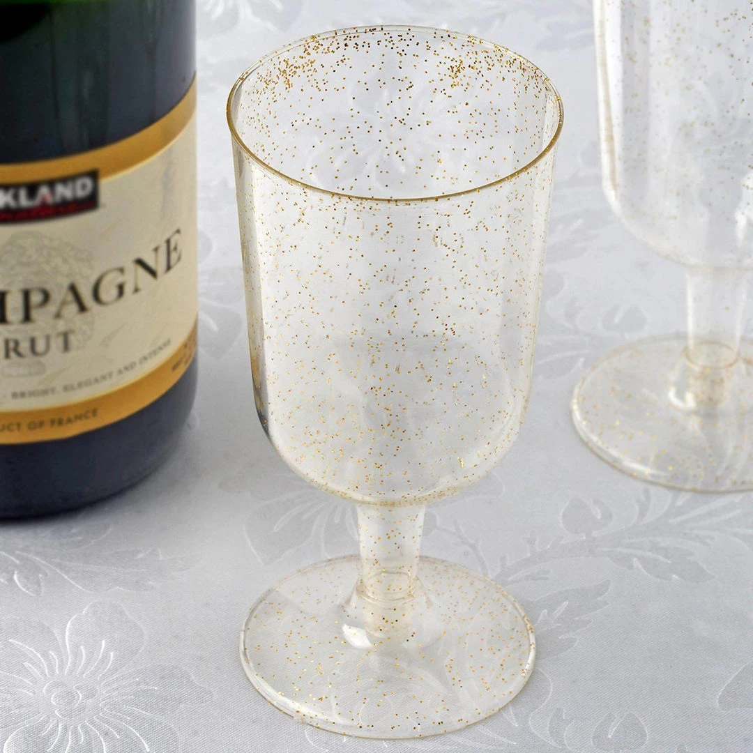HIER_5430 12 Pack 7oz Glittered Plastic Disposable Short Stem Wine Glasses Cups - Gold Disposable Dinnerware 1 HIER_5430 12 Pack 7oz Glittered Plastic Disposable Short Stem Wine Glasses Cups - Gold Disposable Dinnerware