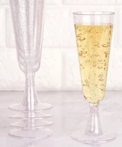 HIER_5430 12 Pack 5oz Blush/Rose Gold Plastic Disposable Champagne Glasses Flutes, Short Stem Glitter Sprinkled Trumpet Design | Detachable Base Disposable Dinnerware