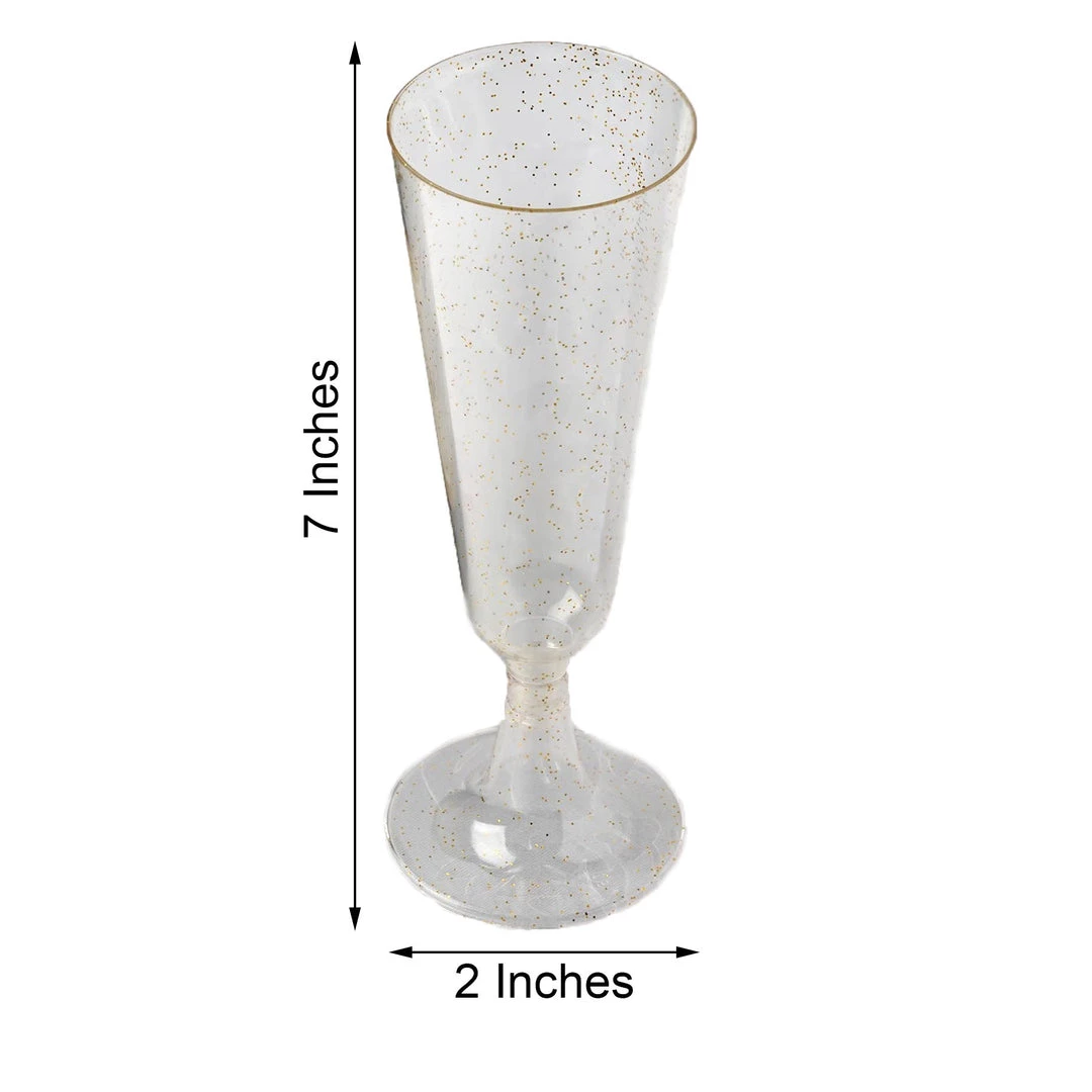 HIER_5430 12 Pack 5oz Gold Plastic Disposable Champagne Glasses Flutes, Short Stem Glitter Sprinkled Trumpet Design | Detachable Base Disposable Dinnerware 3 HIER_5430 12 Pack 5oz Gold Plastic Disposable Champagne Glasses Flutes, Short Stem Glitter Sprinkled Trumpet Design | Detachable Base Disposable Dinnerware