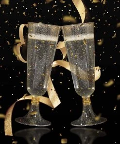 HIER_5430 12 Pack 5oz Gold Plastic Disposable Champagne Glasses Flutes, Short Stem Glitter Sprinkled Trumpet Design | Detachable Base Disposable Dinnerware