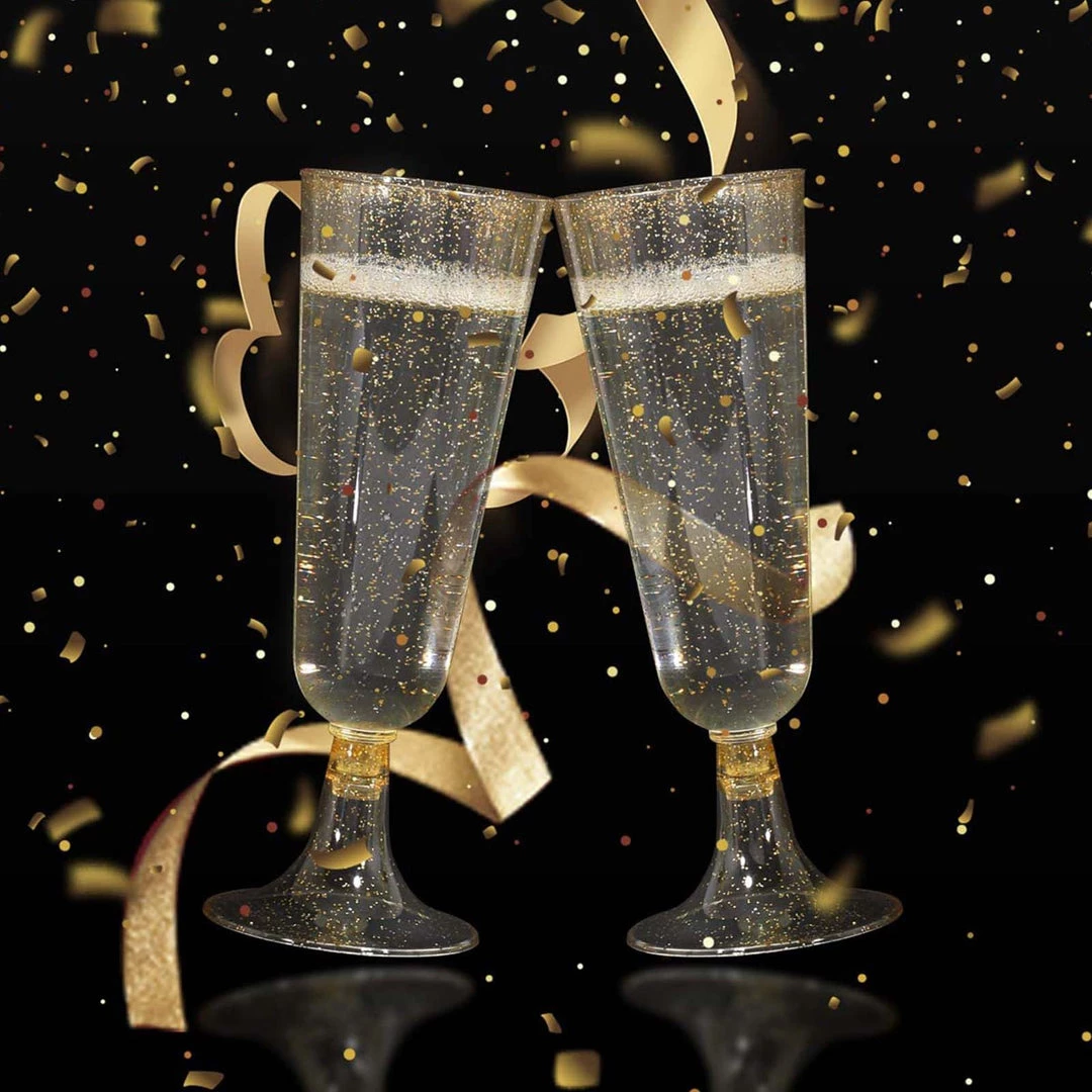 HIER_5430 12 Pack 5oz Gold Plastic Disposable Champagne Glasses Flutes, Short Stem Glitter Sprinkled Trumpet Design | Detachable Base Disposable Dinnerware 2 HIER_5430 12 Pack 5oz Gold Plastic Disposable Champagne Glasses Flutes, Short Stem Glitter Sprinkled Trumpet Design | Detachable Base Disposable Dinnerware