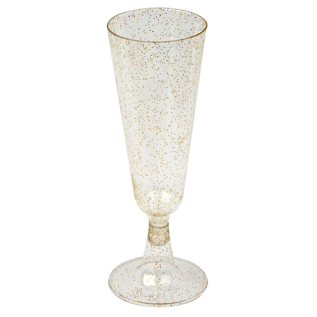 HIER_5430 12 Pack 5oz Gold Plastic Disposable Champagne Glasses Flutes, Short Stem Glitter Sprinkled Trumpet Design | Detachable Base Disposable Dinnerware 7 HIER_5430 12 Pack 5oz Gold Plastic Disposable Champagne Glasses Flutes, Short Stem Glitter Sprinkled Trumpet Design | Detachable Base Disposable Dinnerware