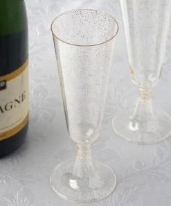 HIER_5430 12 Pack 5oz Gold Plastic Disposable Champagne Glasses Flutes, Short Stem Glitter Sprinkled Trumpet Design | Detachable Base Disposable Dinnerware