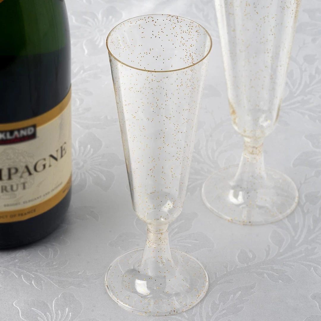 HIER_5430 12 Pack 5oz Gold Plastic Disposable Champagne Glasses Flutes, Short Stem Glitter Sprinkled Trumpet Design | Detachable Base Disposable Dinnerware 1 HIER_5430 12 Pack 5oz Gold Plastic Disposable Champagne Glasses Flutes, Short Stem Glitter Sprinkled Trumpet Design | Detachable Base Disposable Dinnerware