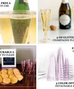HIER_5430 12 Pack 5oz Gold Plastic Disposable Champagne Glasses Flutes, Short Stem Glitter Sprinkled Trumpet Design | Detachable Base Disposable Dinnerware 10 HIER_5430 12 Pack 5oz Gold Plastic Disposable Champagne Glasses Flutes, Short Stem Glitter Sprinkled Trumpet Design | Detachable Base Disposable Dinnerware