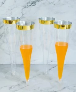 HIER_5430 12 Pack 6oz Gold Rimmed Plastic Champagne Glasses Disposable Flutes - Hollow Stem Detachable Base