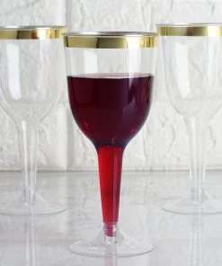 HIER_5430 12 Pack 9oz Gold Rimmed Plastic Wine Glasses Disposable Cups - Hollow Stem Detachable Base