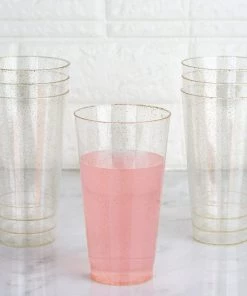 HIER_5430 Disposable Dinnerware 12 Pack 17oz Gold Glitter Sprinkled Plastic Cups Disposable Glasses