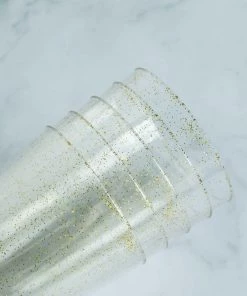 HIER_5430 Disposable Dinnerware 12 Pack 17oz Gold Glitter Sprinkled Plastic Cups Disposable Glasses