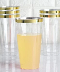 HIER_5430 12 Pack 17oz Gold Rimmed Clear Slim Plastic Cups Disposable Glasses Disposable Dinnerware