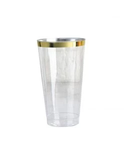HIER_5430 12 Pack 17oz Gold Rimmed Clear Slim Plastic Cups Disposable Glasses Disposable Dinnerware