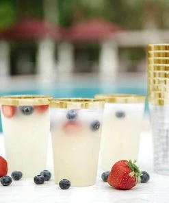 HIER_5430 12 Pack 17oz Gold Rimmed Clear Slim Plastic Cups Disposable Glasses Disposable Dinnerware