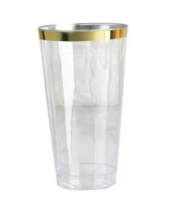 HIER_5430 12 Pack 17oz Gold Rimmed Clear Slim Plastic Cups Disposable Glasses Disposable Dinnerware